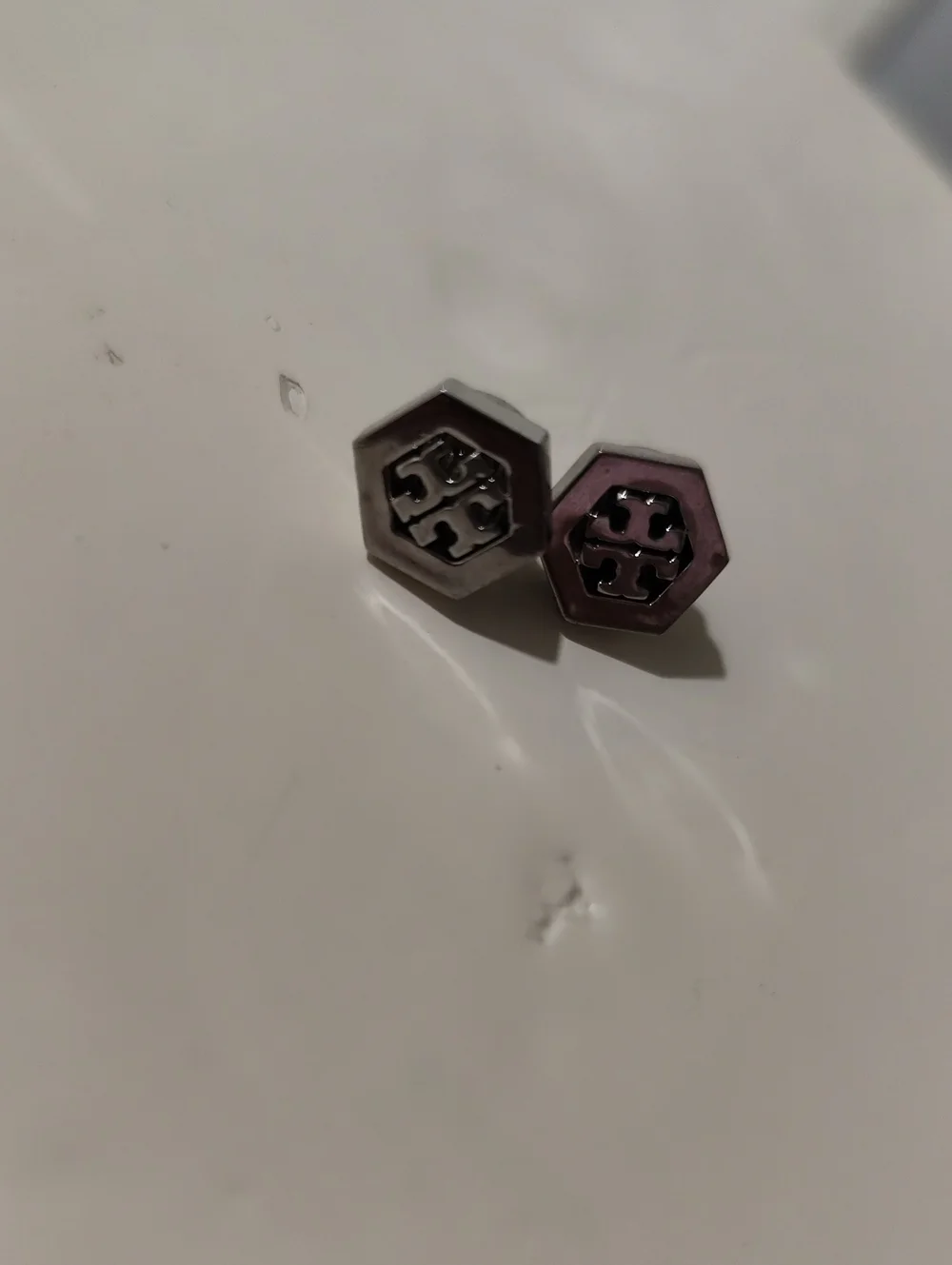 Tory Burch Hexagon Logo Cufflinks in Silver and Rose